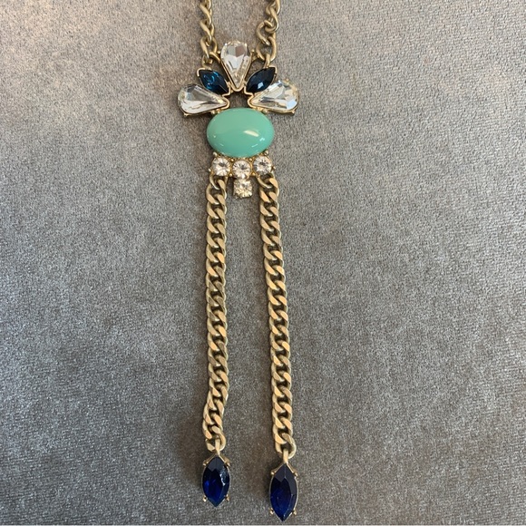 Club Monaco navy blue teal gold tone crystal rhinestone long necklace - Picture 1 of 8